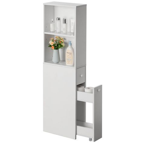 Looking for storage solutions for your compact bathroom? Look no further than our slim and narrow storage cabinet! It boasts ample storage capacity, making it the perfect addition to tight bathroom spaces. Ideal for bathrooms and small areas lacking storage options, this cabinet features two open shelves, two tier slide-out drawers, and one small storage drawer, offering a convenient way to keep cosmetics, hair and body care products, decoratives, toiletries, cleaning supplies, and bathroom acce Feminine Product Organization, Product Organizer, White Bathroom Storage Cabinet, Feminine Product, Slim Bathroom Storage Cabinet, Slim Bathroom Storage, Narrow Storage Cabinet, White Bathroom Storage, Bathroom Organizers