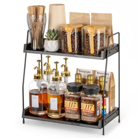 PRICES MAY VARY. PERFECT COFFEE BAR ORGANIZER: Elevate your coffee setup with our 2-tier carefully crafted coffee bar accessories organizer and storage. Perfect for neatly arranging all coffee essentials in one stylish space. Wooden shelves paired with iron racks seamlessly merge natural rustic and industrial style. Ideal for both casual coffee lovers and skilled baristas, providing a backdrop for your brewing creativity. SIMPLE ASSEMBLY AND STABLE STRUCTURE: No more complex setups or wobbly rac Condiment Storage, Coffee Bar Accessories, Coffee Organization, Countertop Shelf, Tea Station, Counter Top Accessories, Kitchen Home Office, Countertop Organizer, Coffee Games