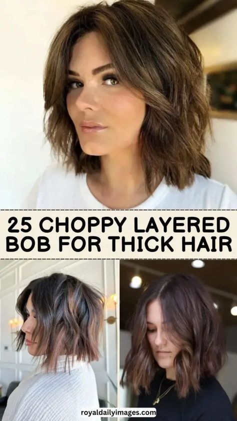 Discover 25 Trendy Choppy Layered Bob for Thick Hair Balayage, Thick Shoulder Length Hair, Above The Shoulder Haircuts, Thick Wavy Haircuts, Choppy Layered Bob Hairstyles, Above Shoulder Hair, Above Shoulder Length Hair, Silver Pixie, Shoulder Length Wavy Hair