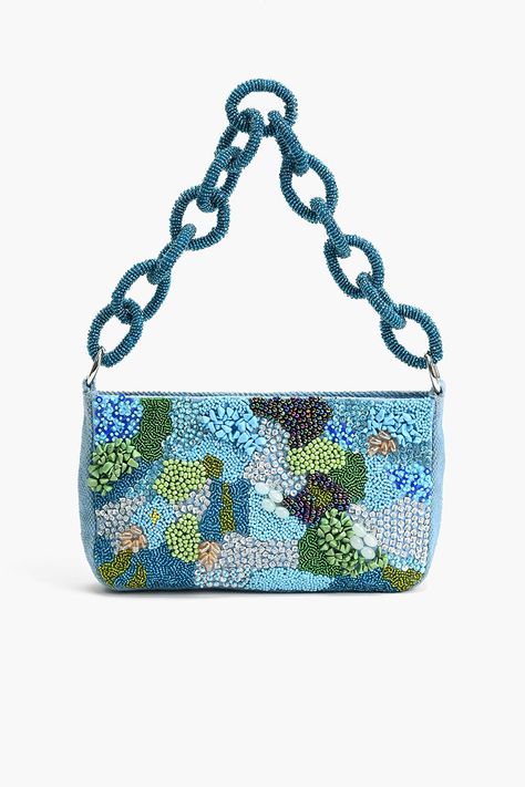 Blue Beaded Bag, Bag Strap Ideas, Embroided Earrings, Beaded Bag Diy, Hand Bag Design, Beaded Tote Bag, Night Out Bag, Beaded Shoulder Bag, Animal Print Jumpsuit