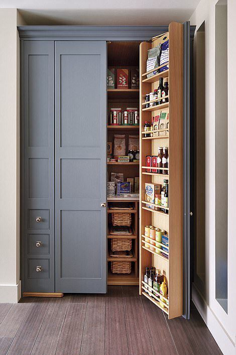 a built in pantry with lots of basket drawers, shelves on the doors and inside is a cool idea to use an awkward nook Shoe Storage Wardrobe, Antique Storage, Built In Pantry, Pantry Cupboard, Kitchen Pantry Design, Pantry Door, Pantry Design, Pantry Cabinet, Pantry Storage