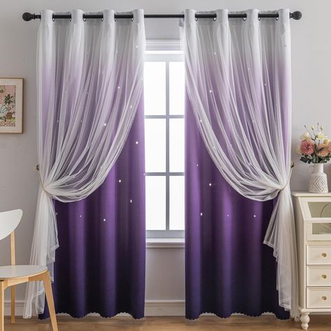 PRICES MAY VARY. Hollow Star - Elegant double-layer star cutout blackout curtain, the whole panel is a unique rainbow gradient color, beautiful and generous. With the hollowed-out stars accurately cut by useful laser technology, when the light passes, the room will show the whole twinkling star sky, the dreamlike rainbow color, especially suitable for the girl's bedroom. The colorful curtains flutter with the wind, adding romantic, warm and lovely feeling to the girl's room Home Decoration - Bea Curtains Whole Wall, Purple And Blue Room Decor, Purple Celestial Bedroom, Lavender And Teal Bedroom, Pastel Curtains Bedroom, Pink Blue And Purple Bedroom, Purple Room Decor Ideas Bedrooms, Bed In Corner Of Room Against Wall, Lavender Room Ideas