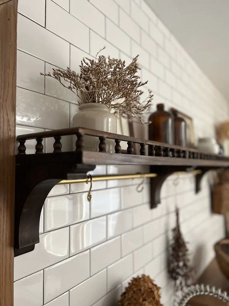 Shelves With Railings, Floating Shelves With Railing, Small Kitchen Shelf Ideas, Small Kitchen Shelf Decor, Shelf Decor Wall Shelves, Kitchen Shelf Ideas, Shelf Decor Wall, Build A Shelf, Kitchen Shelf Decor Ideas