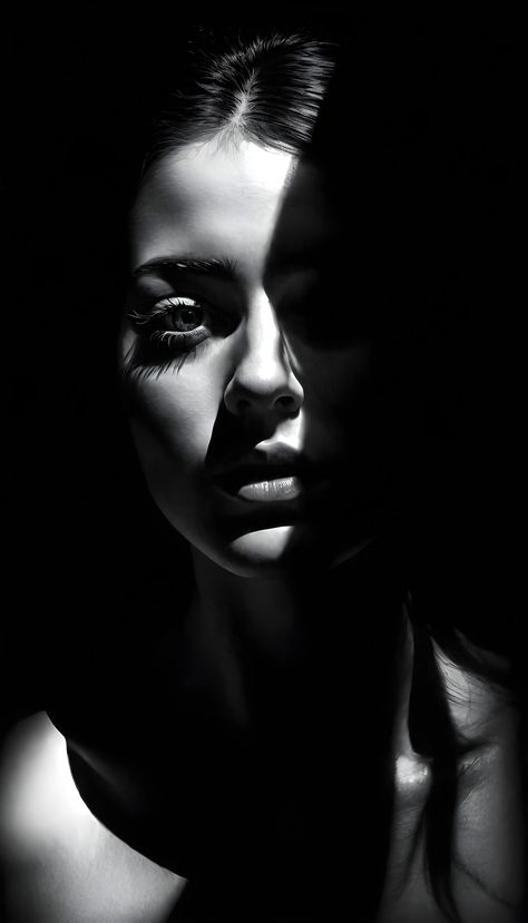 In a conceptual black and white portrait, a woman is depicted with her face partially obscured by shadows. The monochromatic tones enhance the mysterious and intriguing quality of the image, leaving the viewer to wonder about the woman's identity and emotions hidden beneath the shadows. The play of light and dark adds depth and complexity to the portrait, creating a captivating visual narrative. Reference Photos Light And Shadow, Black And White Expression Photography, Portraiture Photography Lighting, Light And Shadow Portrait Photography, Faces In Shadow, Dramatic Black And White Photography, High Contrast Black And White Portrait, Dramatic Black And White Portraits, Hidden Identity Photography