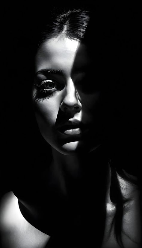 In a conceptual black and white portrait, a woman is depicted with her face partially obscured by shadows. The monochromatic tones enhance the mysterious and intriguing quality of the image, leaving the viewer to wonder about the woman's identity and emotions hidden beneath the shadows. The play of light and dark adds depth and complexity to the portrait, creating a captivating visual narrative. Black And White Expression Photography, Light And Shadow Portrait Photography, Reference Photos Light And Shadow, Portraiture Photography Lighting, Woman Dramatic Lighting, Portraits With Shadows, Dark Background Portrait, High Contrast Black And White Photography, Dramatic Black And White Portraits