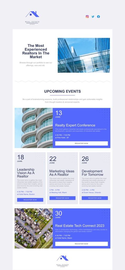 Free Email Templates Edm Marketing Design, Event Email Marketing, Event Newsletter Design, Email Newsletters Design, Real Estate Email Template, Upcoming Events Design, Email Template Design Inspiration, Mailchimp Email Design, Email Campaign Design