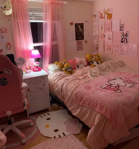 picture by @bunny.bitemark on insta!!! Hyperfeminine Room, Cute Hello Kitty Stuff, Hello Kitty Room Decor, Hello Kitty Bedroom, Cat Bedroom, Kawaii Bedroom, Hello Kitty Rooms, Pink Room Decor, Cute Bedroom Ideas