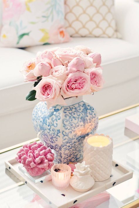 Around The House: Spring Decor Updates Pineapple Candle, Elegant Centerpiece, Deco Luminaire, Blue And White Vase, Marble Tray, White Vase, Pink Decor, Decor Guide, Spring Home Decor