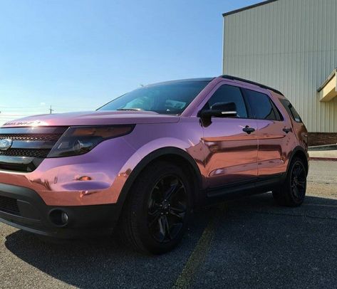 Rose gold chrome Ford Explorer Sport car wrap vinyl wrap gbwraps Pretty Car Wraps, Rose Gold Wrap Car, Girly Car Wraps, Rose Gold Jeep, Rose Gold Car Wrap, Pink Car Wrap, Rose Gold Car, Ford F150 Lariat, Car Customization