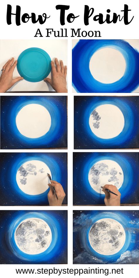 Moon Painting - Step By Step Acrylic Painting Tutorial - With Pictures Learn how to paint a moon step by step. This moon canvas painting tutorial will guide you through each step with pictures and video. #stepbysteppainting #traciekiernan Step By Step Acrylic Painting, Acrylic Painting Tutorial, Simple Canvas Paintings, Canvas Painting Tutorials, Moon Painting, Seni Cat Air, Canvas Painting Diy, Acrylic Painting Tutorials, Simple Acrylic Paintings