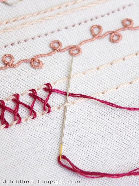 Line stitches and their variations: sampler - Stitch Floral Sew Ins, Hand Embroidery Sampler, Sulaman Pita, Basic Hand Embroidery Stitches, Pola Manik, Embroidery Lessons, Embroidery Sampler, Hand Embroidery Videos, Basic Embroidery Stitches