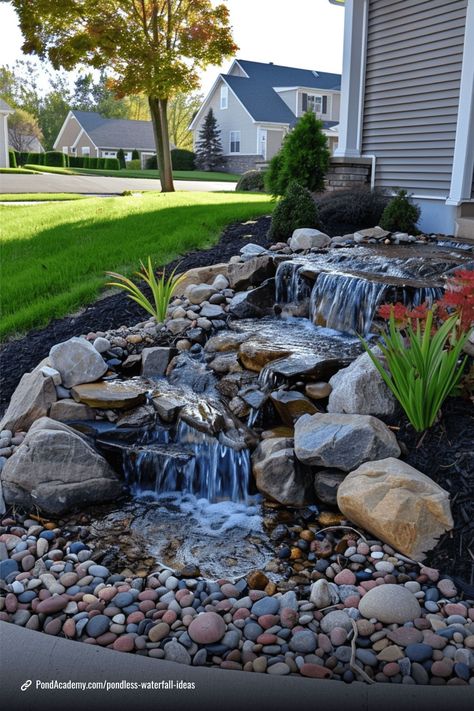 Transform your yard with a pondless waterfall feature! These stunning waterfall ideas offer a low-maintenance and eco-friendly way to enjoy the sounds of flowing water without the upkeep of a traditional pond. Fountains Front Yard Landscaping, Outdoor Pondless Water Feature, Landscaping Pool Ideas, Front Yard With Water Feature, Small Backyard Ponds And Waterfalls Diy, Waterfall Outside House, Waterscape Design Landscape, Outdoor Waterfall Fountain Ideas, Diy Fountains Backyard Water Walls