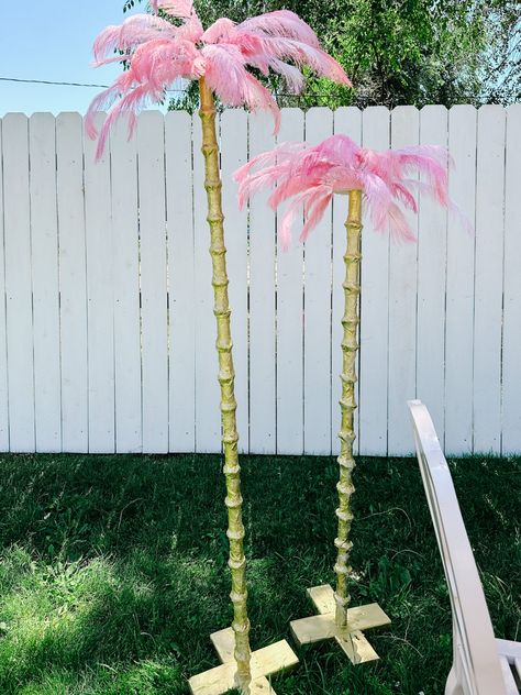 Pink Flamingo Room, Pink Diy Decorations, Feather Palm Tree, Diy Pink Palm Tree, Pool Noodle Palm Tree Diy, Pink Outdoor Party Decorations, Palm Royale Theme Party, Diy Palm Tree Outdoor, Backyard Luau Party Decorations