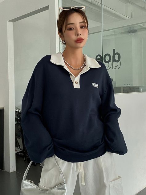 Navy Blue Casual Collar Long Sleeve Knitted Fabric Colorblock Half Placket Embellished Slight Stretch  Women Clothing Navy Blue Shirt Outfit, Blue Sweatshirt Outfit, Polo Shirt Outfit Women's, Polo Shirt Outfits, Style Bleu, Polo Outfit, Drop Shoulder Sweatshirt, Navy Blue Sweatshirt, Shirt Outfit Women