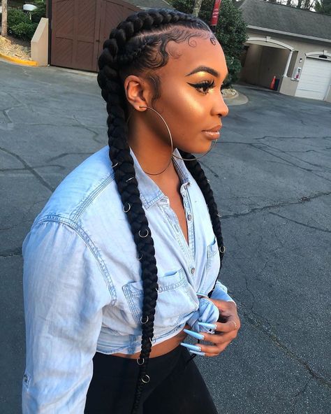 30 Best Cornrow Braids and Trendy Cornrow Hairstyles for 2020 - Hadviser Four Braids Into Two, Stitch Braids For Older Women, 2 Long French Braids With Weave, Feed In Braids Cornrows With Curls, Two Braid Hairstyles Black Women, French Braid Black Hair, Two French Braids With Weave, Hair Rings Hairstyles, Cornrolls Hairstyles Braids For Women