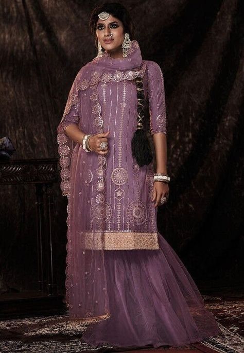 Purple Indian Suit, Net Sharara Suit, Net Sharara, Designer Sharara Suits, Purple Bottom, Sharara Suits, Sharara Suit, Salwar Kameez Online, Suits For Sale