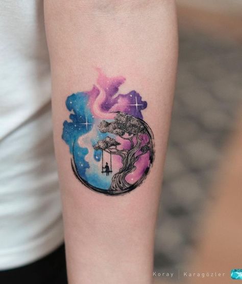 Watercolour Tattoos, Watercolor Galaxy Tattoo, Watercolor Abstract Tattoo, Circle Tattoos, Galaxy Tattoo, Watercolor Tattoos, Tree Of Life Tattoo, Tatuaje A Color, Abstract Tattoo