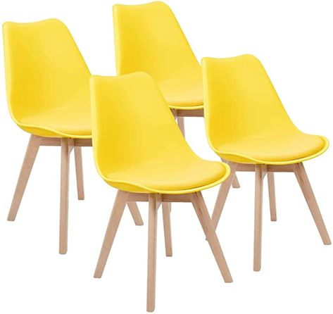 Amazon.com - Furmax Mid Century Modern DSW Dining Chair Upholstered Side Chair with Beech Wood Legs and Soft Padded Shell Tulip Chair for Dining Room Living Room Bedroom Kitchen Set of 4 (Yellow) - Chairs Brown Dining Chairs, Dining Chair Upholstered, Kitchen Dining Living Room, Walnut Dining Chair, Upholstered Bedroom, Midcentury Modern Dining Chairs, White Dining Room, Kitchen Dining Living, Indoor Chairs