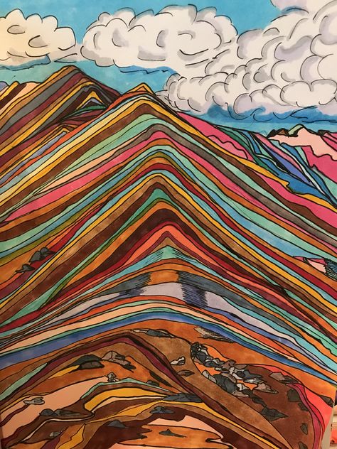 Rainbow mountains drawing  Alcohol marker and pen Art journal Rainbow Mountains Peru Painting, Trippy Mountain Art, Alcohol Pens Art, Abstract Marker Drawing, Art Inspo Markers, Colorful Marker Drawing, Mountain Marker Drawing, Trippy Mountain Painting, Rainbow Mountain Painting