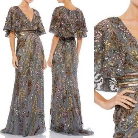 Designer: Mac Duggal Size: 10 Condition: New With Tags Originally $698.00!!! Rivers Of Sequins Band The Waist And Trickle Down To The Puddle Train Of This Captivating Mesh Gown That Amps The Drama With A Flowy Capelet Bodice. Hidden Back-Zip Closure Deep V-Neck Short Sleeves Puddle Train Lined, Except Sleeves The Manuf Tag Is Missing..The Dept Store Tag Is Attached Grown Dress, Mog Dresses, Cap Sleeve Evening Gowns, Flowy Gown, Mac Duggal Dress, Cap Sleeve Gown, Mesh Gown, Long Sleeve Evening Gowns, Long Sleeve Sequin Dress