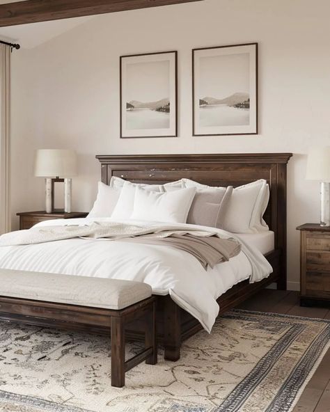 43 Dark Bedroom Furniture with Light Bedding - Home Soils Room Inspo Dark Wood Furniture, Dark Wood Master Bed, Dark Headboard Bedroom Ideas, Decorating With Dark Furniture, Bedroom Decor With Dark Wood Furniture, Dark Furniture Light Walls, Dark Bedroom Furniture Light Walls, Bedrooms With Dark Wood Furniture, Dark Bedroom Furniture Decor Ideas