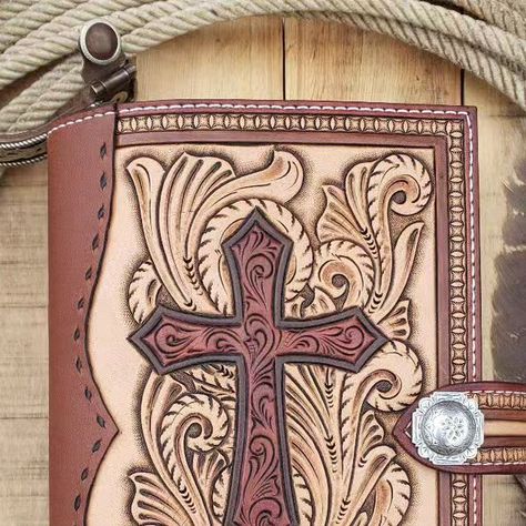 Tooled Bible Cover, Leather Bible Cover Handmade, Leather Projects Ideas, Tooled Leather Cross, Custom Bible Cover, Handmade Leather Work, Leather Notepad, Leather Bible Cover, Bible Cases