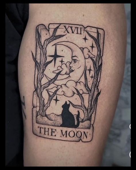 Cat Tattoo Tarot, The Moon Tarot Card Tattoo Design, Halloween Tarot Card Tattoo, The Moon Tarot Tattoo Design, Witchy Tarot Card Tattoo, The Witch Tarot Card Tattoo, Traditional Style Tarot Card Tattoo, Tarot Card The Sun Tattoo, Mushroom Tarot Card Tattoo