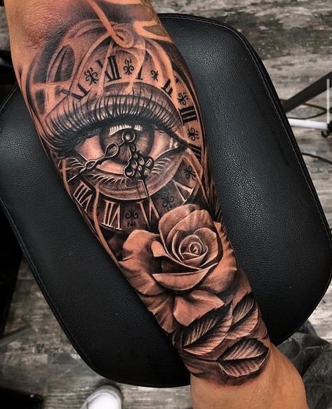 Tattoo Ideas, Clock And Rose Tattoo, Men Tattoo Ideas, Men Tattoo, Seeing Eye, All Seeing Eye, All Seeing, Rose Tattoo, Fuel