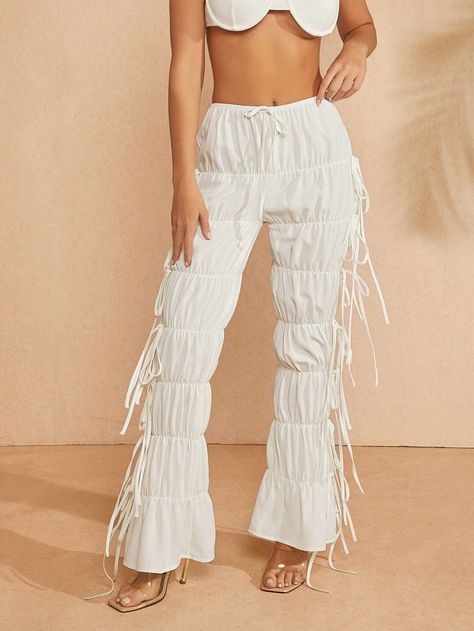 White Casual Collar  Woven Fabric Plain Skinny Embellished Non-Stretch  Women Clothing Tiered Pants, Pants White, White Casual, Wedding Accessories, Womens Bottoms, Woven Fabric, Women Clothing, Length Sleeve, Pants For Women