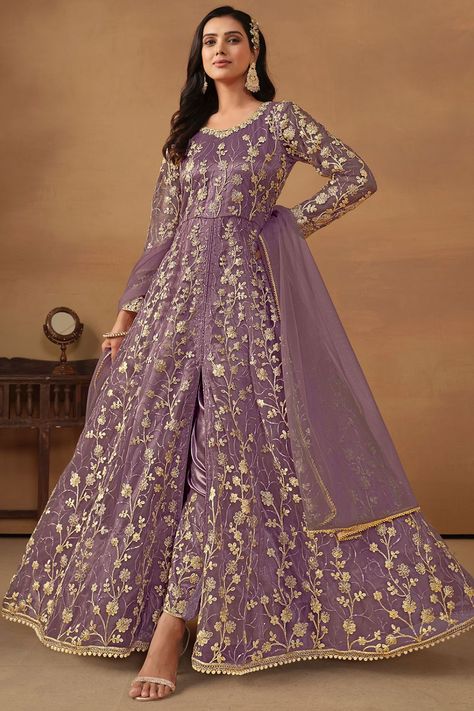 Mauve Embroidered Net Pant Kameez for Festival Embroidery Net Fabric Dresses, Purple Salwar Kameez, Satin Anarkali, Empress Clothing, Satin Dupatta, Wedding Anarkali, Wedding Dresses Pakistani, Wedding Salwar Kameez, Sangeet Outfit