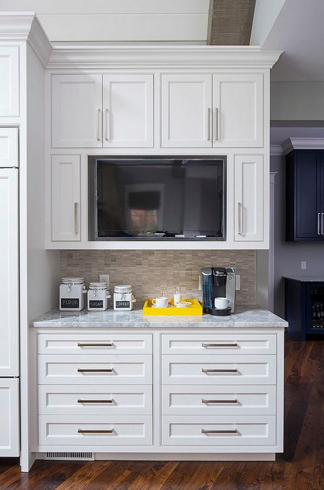 Cabinets are Sherwin Williams SW 7004 Snowbound. Love the cabinet style and configuration (TV built in), nice coffee station, counters are Vanilla Ice Granite, backsplash tile is The Tile Shop 12" x 12" Legno Holden Tile, hardwood flooring is 6" Wide Walnut Floor with custom stain Small Kitchen Tv, Gray Subway Tile Backsplash, Built In Coffee Maker, Kitchen Soffit, Limestone Tiles, Ceiling Kitchen, Grey Subway Tiles, Tv In Kitchen, Tv Cabinet Design