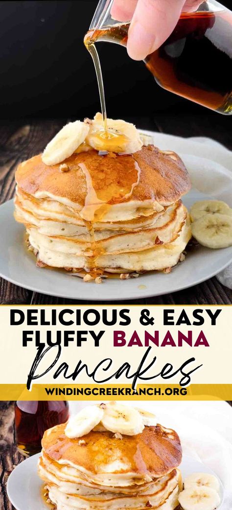 Banana pancakes stacked on a plate and topped with sliced bananas, chopped pecans, and maple syrup. Thermomix, Banana Pancakes No Milk, Best Banana Pancakes Recipe, Easy Healthy Banana Pancakes, Blender Banana Pancakes, Banana Pancakes With Pancake Mix Recipe, Banna Pancakes, Banana Pancakes No Egg, Pancakes Recipe Banana