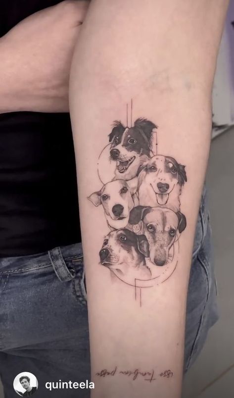 Dog Tattoo Sleeve Ideas, Multi Pet Tattoo, Dog Thigh Tattoo, Multiple Dog Tattoo, Dog Tattoo Placement, 3 Dogs Tattoo, Dog Back Tattoo, Pet Portrait Tattoo, Mia Tattoo