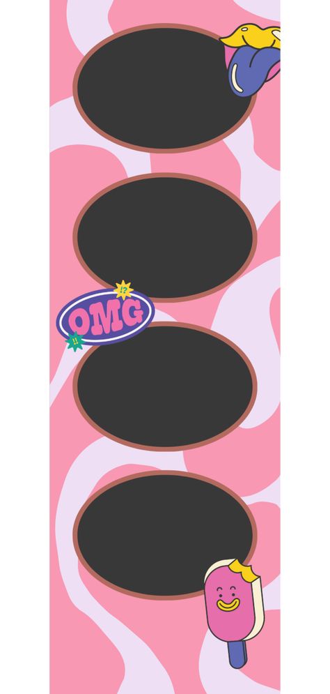 A pink dominant squiggle pattern background with four oblong frames. The design includes y2k retro stickers of a tongue sticking out, an omg sticker, and a bitten ice-cream with a face. Polaroid Strip Template, Photo Strip Frame, Frame Photo Template, Photo Strip Template Aesthetic, Kpop Film Strip, Template Photostrip, Photostrip Template Png, Photo Strip Ideas, Wallpaper Template Aesthetic