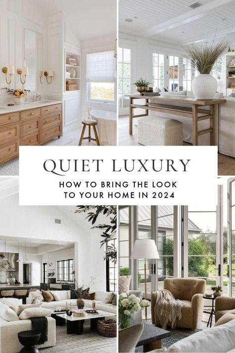 A look at the quiet luxury interior design trend, with ideas for bringing this beautiful home decor style to your living room, bedroom, bathroom, kitchen, and home in 2024 Quiet Luxury Room, Modern French Design Interior, Quiet Luxury Aesthetic Interior, Modern Luxe Interior Design, Quiet Luxury Bedroom, Home Decor Trends 2024, Quiet Luxury Interior Design, Interior Design Lessons, Quiet Luxury Home