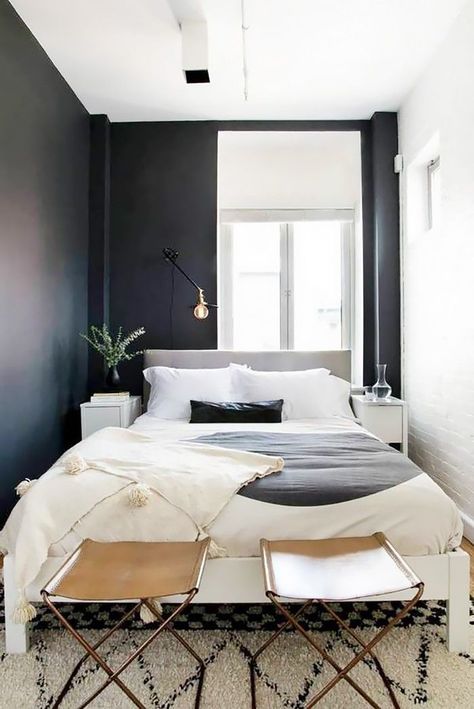 Bedroom Paint Colors Every Pro Uses Narrow Bedroom, Tiny Bedroom Design, Small Apartment Bedrooms, Interior Boho, Apartment Bedroom Design, Decor Ikea, Bilik Tidur, Small Bedroom Designs, Apartment Bedroom