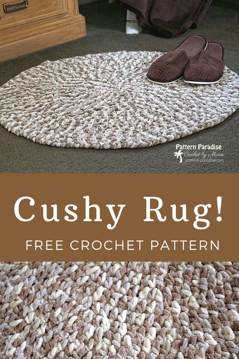 Free Crochet Pattern: Cushy Rug | Pattern Paradise Small Crochet Rug Pattern Free, Crochet Rug Yarn, Crochet Area Rug Pattern, Bernat Blanket Yarn Patterns Crochet Rug, Crocheted Rugs Patterns Free Easy, Yarn Bee Cotton Xxl Pattern, Crochet Ideas For The Home, Crochet Projects With Bulky Yarn, Crichet Rug