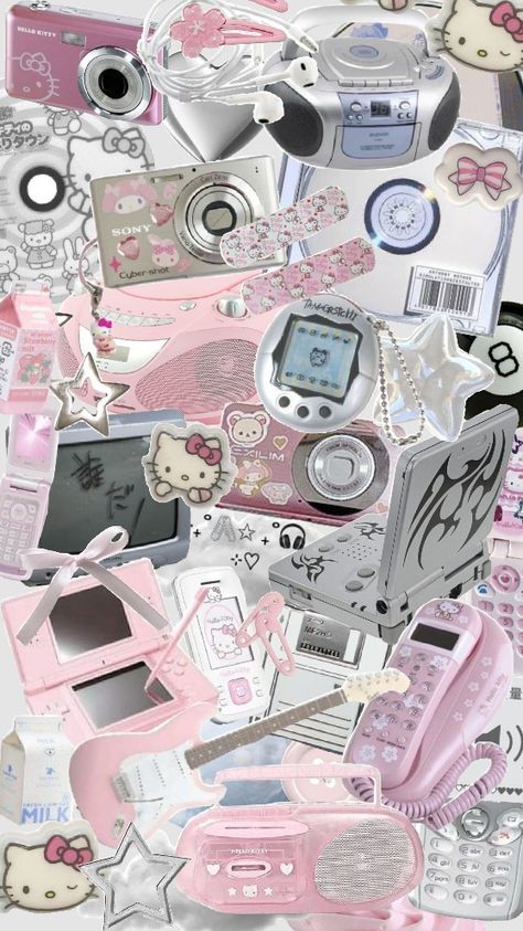 ‧₊˚🖇️✩ ₊˚🎧⊹♡ pink & silver y2k nostalgic clutter page wallpaper background #pinkcore #y2k #aesthetic #sanrio #2000s #hellokitty #kawaii Hello Kitty 2000s Wallpaper, T2k Wallpaper, Y2k Vision Board, Y2k Background Pink, Hello Kitty Y2k Wallpaper, Pink 2000s Aesthetic Wallpaper, Sanrio 2000s, Harajuku Wallpaper, Pinkcore Wallpaper