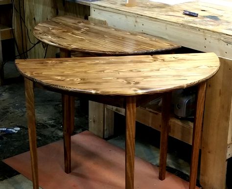 2 rustic pine half round hallway tables. Have made a lot of these. Fun build Round Hallway, Repurposed Table, Hallway Tables, Half Circle Table, Half Round Table, Half Moon Table, Half Table, Repurposing Ideas, Plant Table