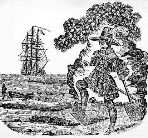 Captain William Kidd (1645-1701). The belief Kidd left buried treasure ensured the growth of his legend. He did bury a small cache of treasure on Gardiners Island, Suffolk County, Long Island, in a spot called Cherry Tree Field; however, it was removed and sent to England as evidence against him. On Grand Manan Island, Charlotte county, New Brunswick, Canada, lies treasure allegedly buried by Kidd. For nearly 200 years, this remote area of the has been called "Money Cove". William Kidd, Pirate History, Famous Pirates, Golden Age Of Piracy, Pirate Art, Uk History, History Magazine, Buried Treasure, Paper Ideas