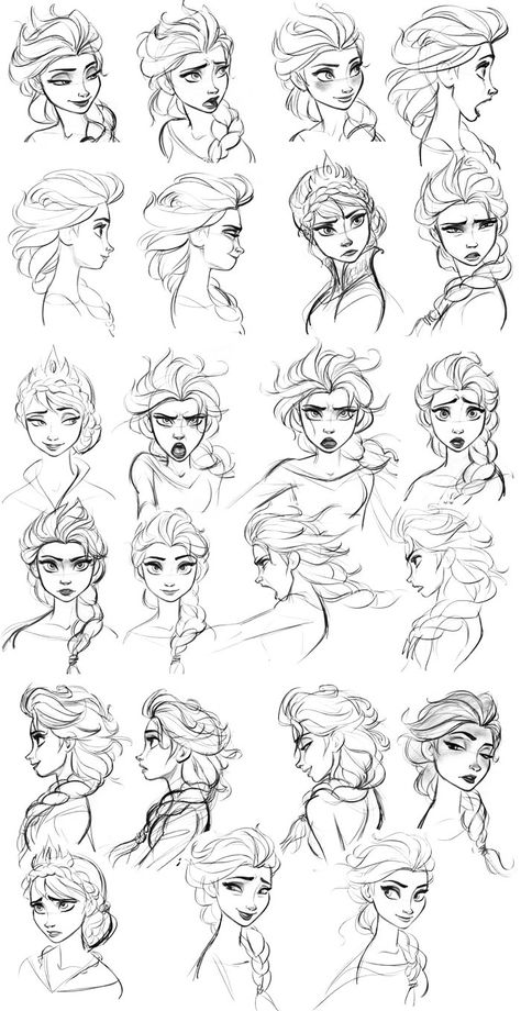 Frozen concept art - Elsa   Look at the range of emotions! This is why Disney is the best! Disney Concept Art, Drawing Faces, Blond Amsterdam, Frozen Concept Art, Croquis Disney, Concept Art Landscape, Expression Sheet, Animation Disney, 디즈니 캐릭터