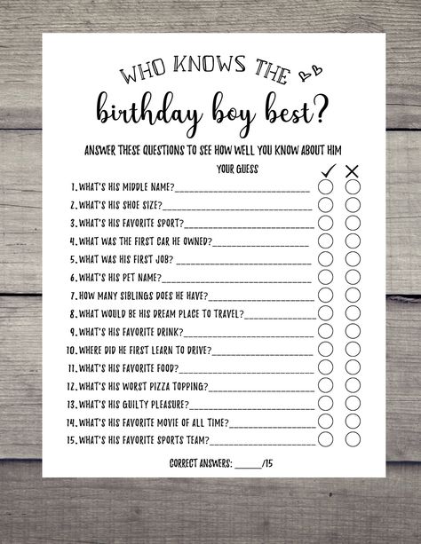 30th Birthday Games For Him, Birthday Party Games For Adults Families, Mens Birthday Party Games, 70th Birthday Party Games For Dad, 1st Birthday Adult Games, Who Knows The Birthday Boy Best Game, Birthday Games 18th, Men Birthday Games, Who Knows You Best Questions