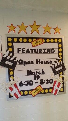 Movie theater or marque themed bulletin board. Diy Vip Section, Theater Graduation Party Ideas, Lights Camera Learn Theme, Lights Camera Action Theme Classroom, Movie Day At School, Deco Theme Cinema, Diy Movie Night Ideas, Themed Classroom Ideas, Hollywood Theme Party Decorations