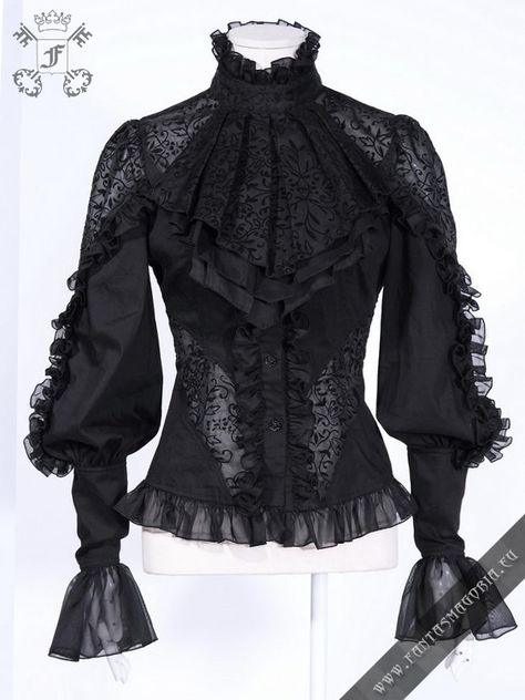 Gothic Aristocrat frilled shirt with Jabot. Puffed bishop sleeves with flounces. 2 types of fabric: plain and semi-transparent with brocade ornaments. Patchwork, Victorian Shirt, Gothic Lace, Clothes Autumn, Lace Long Sleeve Shirt, Stand Collar Shirt, Gothic Shirts, Shirts Women Fashion, Embroidery Lace
