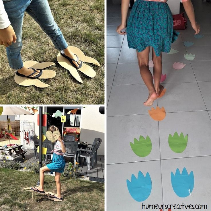 two pictures with children playing on the ground and one has paper shoes in front of them