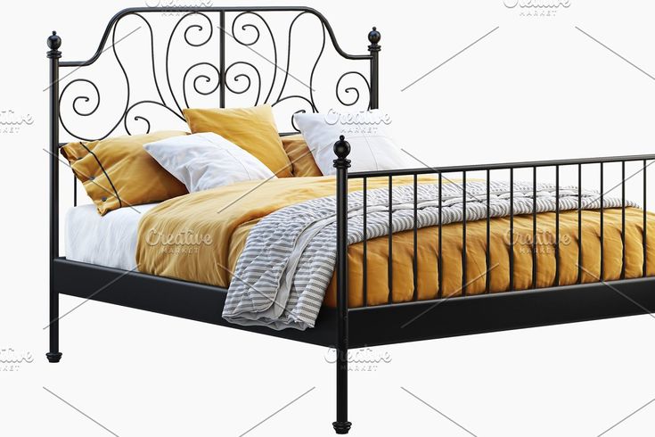 an iron bed frame with yellow pillows and blankets on the headboard, against a white background