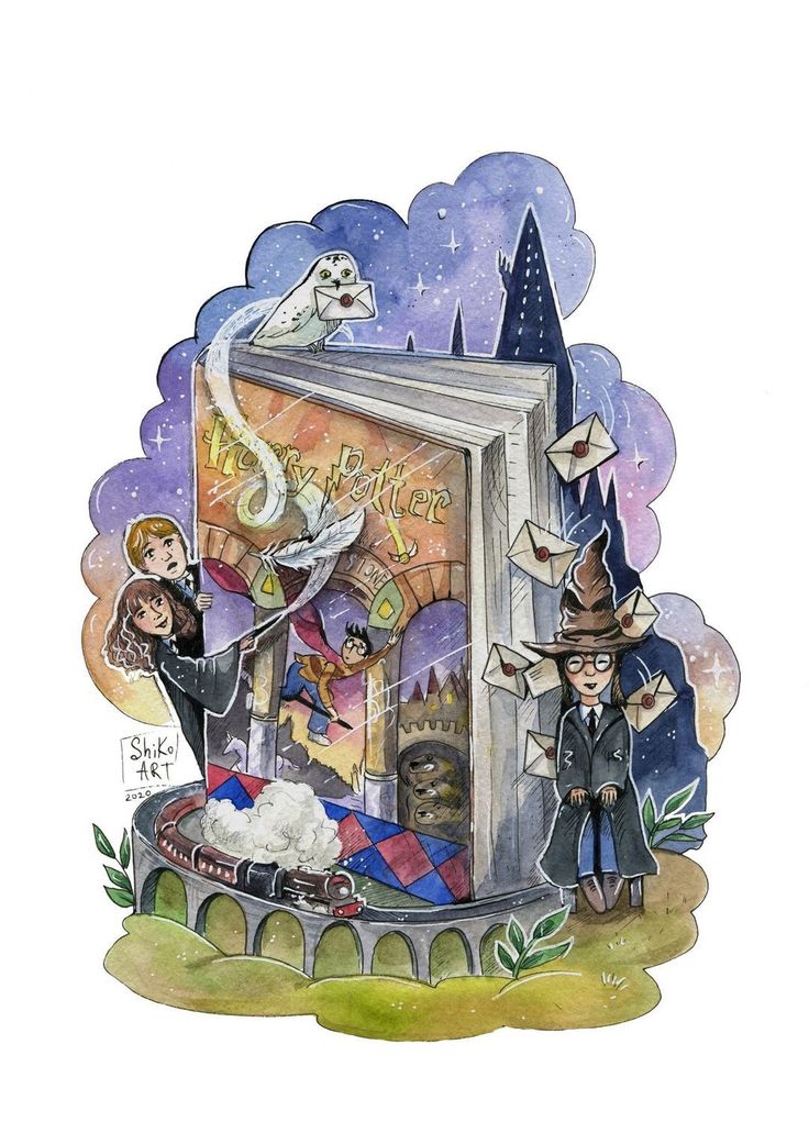 a drawing of an open book with wizard's and witches on it, surrounded by other characters