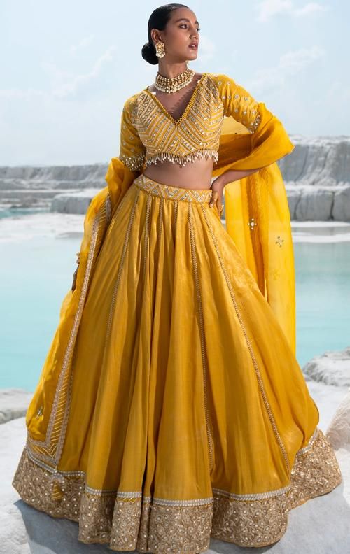 Upto 70% Off | Luxury Designer Collections | Aza Fashions Mirror Lehenga, Chanderi Lehenga, Dabka Work, Yellow Mirror, Lehenga And Blouse, Haldi Outfit, Yellow Lehenga, Padded Blouse, Gota Work