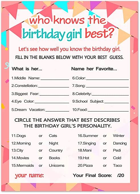 a birthday party game with the words who knows the birthday girl best? on it