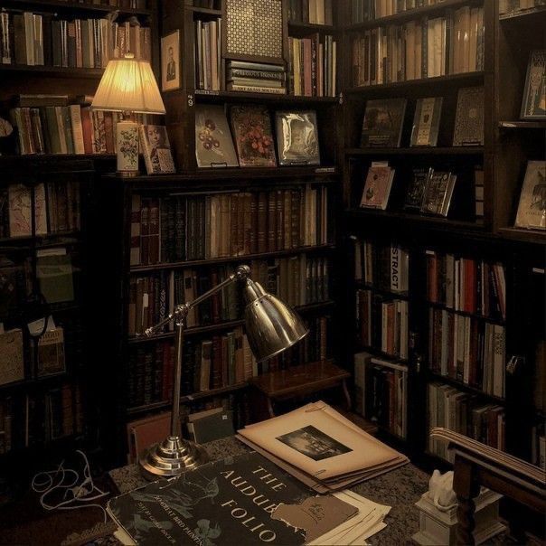 a room filled with lots of books and a lamp on top of a wooden table